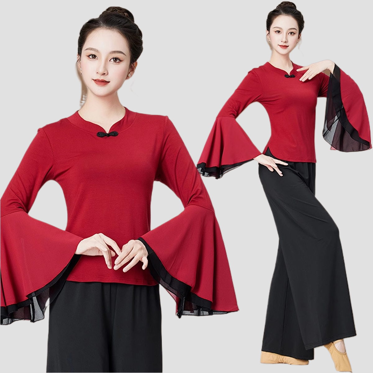 广场舞服装新款喇叭袖长裤形体服表演服现代舞跳舞演出服大码女