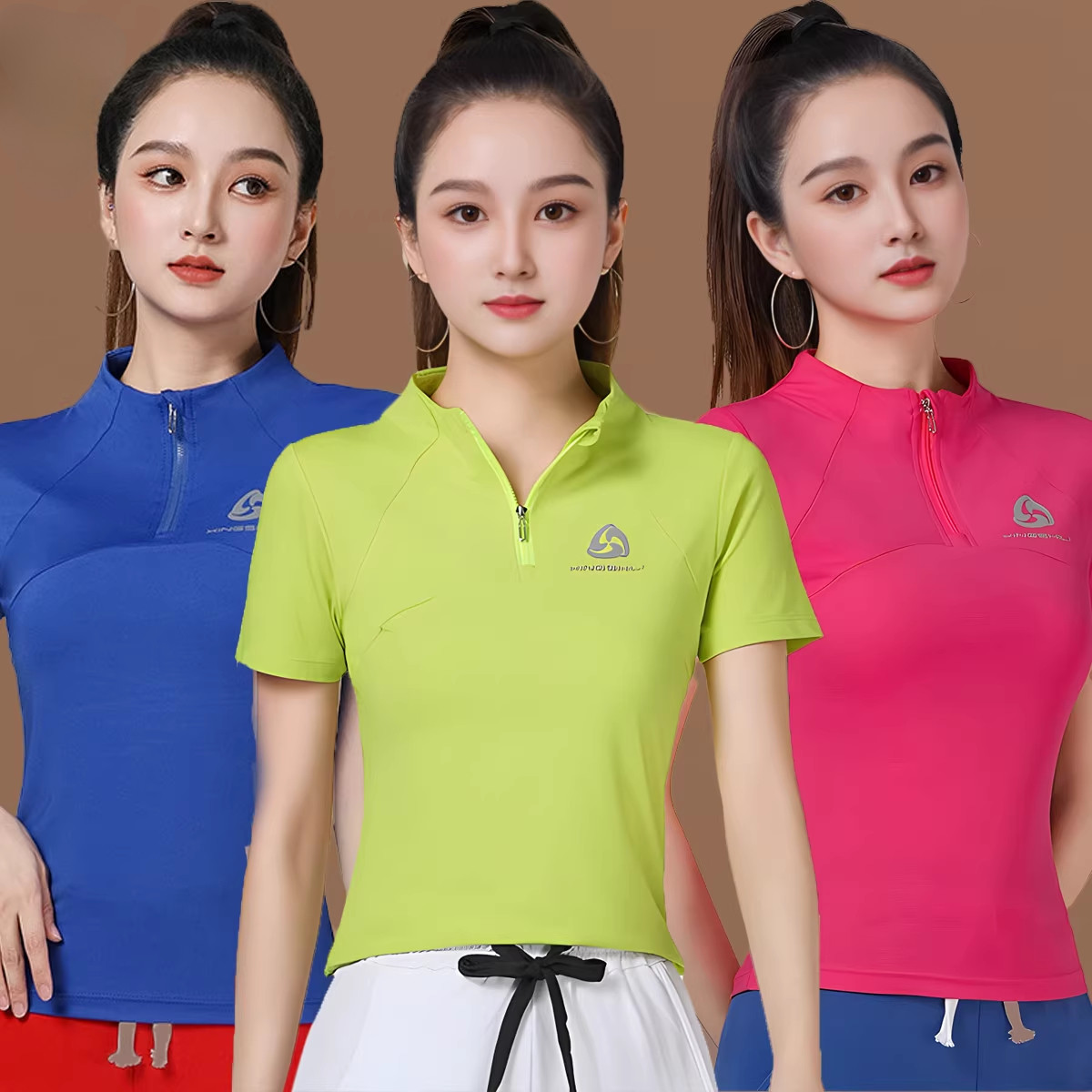 广场舞服装新款速干运动短袖立领上衣大码健身操团体跳操服鬼步舞