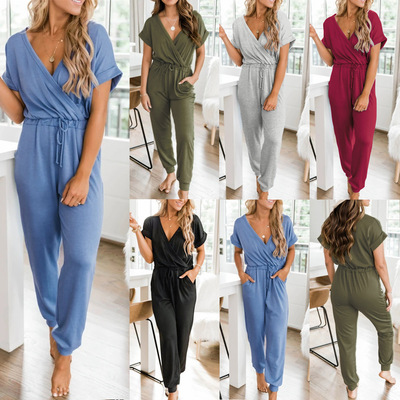 Women V-neck Jumpsuit Summer Causal Overalls Lady连体裤女夏