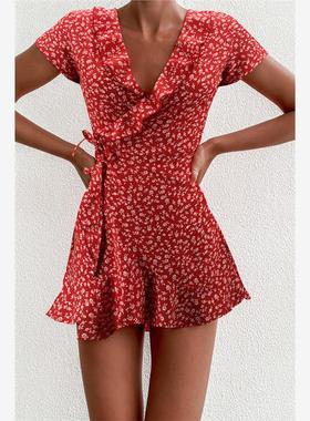 Summer Womens Floal A-Line Dress Sweet Elegant Floral Ruff