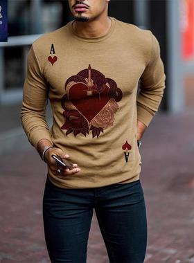 men sweat sirt 2021爆款圆领印花修身上衣男士扑克印花长袖T恤
