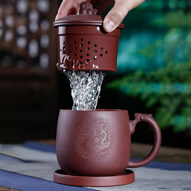 紫砂盖杯厂家大容量手工紫砂杯龙行天下隔仓内胆杯子茶水分离