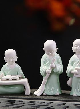 禅意人物茶宠茶具茶玩中国风沙弥家居书桌饰品陶瓷小和尚摆件