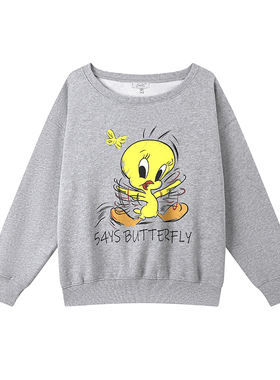 54YS小黄鸭一字肩斜肩两穿圆领卫衣美式校园通勤韩系卡通短款早秋