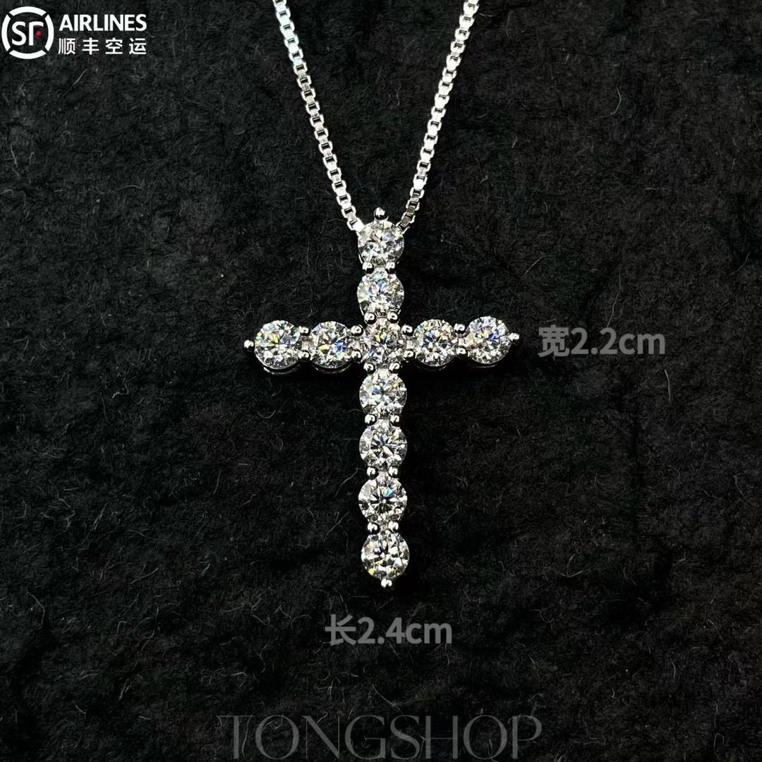 坠链均925银莫桑石 TONGSHOP 925银莫桑钻十字架项链手工满钻坠链