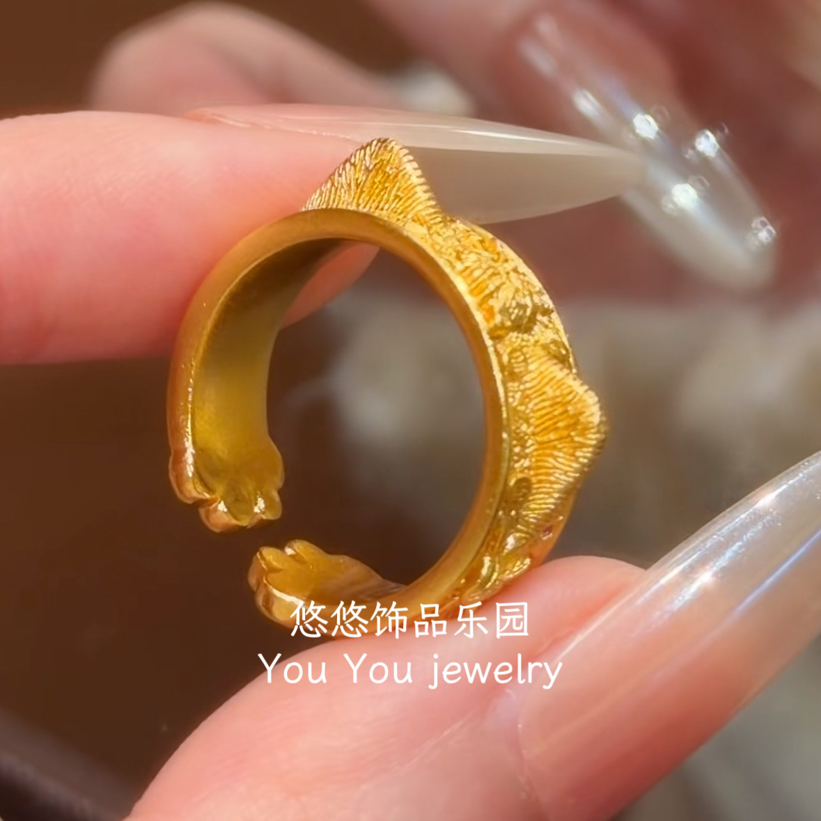 可爱甜美金色拉丝闲窗猫趣戒指女开口精致猫耳猫爪指环送闺蜜礼物