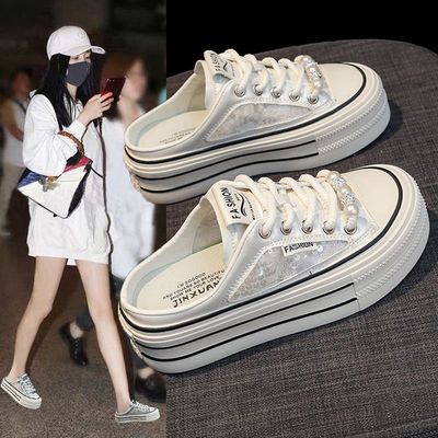 一脚蹬厚底帆布鞋女夏季薄款2025年新款外穿包头半拖松糕小白鞋女