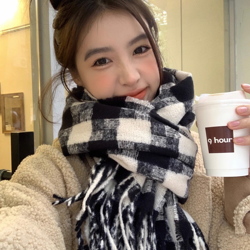 日本优选MUJIE2023新款流苏格子围巾女冬季保暖加厚情侣围脖男女i