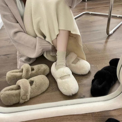 新品2025冬季白色毛毛豆豆鞋女外穿法式配裙子加绒棉鞋一字带玛丽