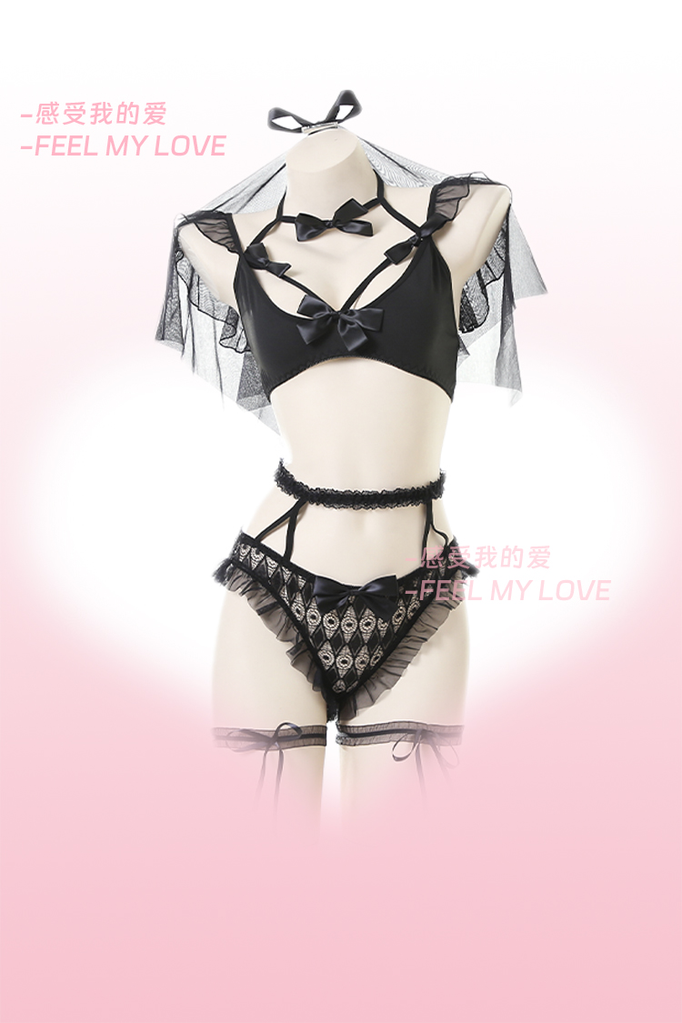 感受我的爱「今夜新娘」性感蕾丝头纱蝴蝶结情趣透视头纱内衣套装