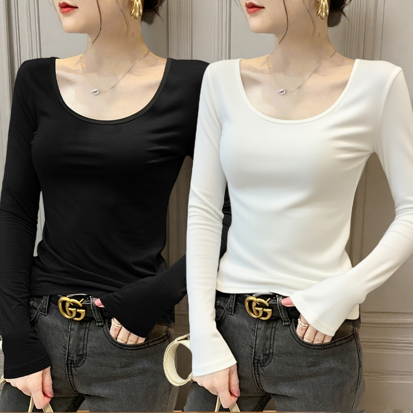 低领长袖T恤女士新款U领大码