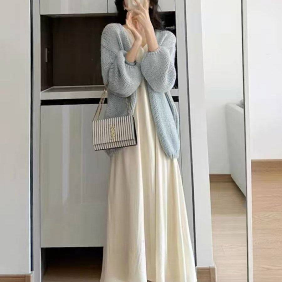 毛衣温柔灯笼马海毛外套百搭慵懒气质宽松针织薄款纯色开衫小众in