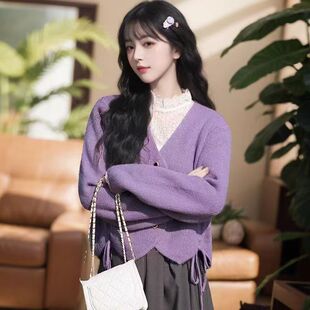 新款时尚慵懒软糯v领针织开衫女上衣2025秋季新款 小个子毛衣外套