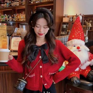 爆款毛衣外套女秋冬2025年新款韩版红色小香风蝴蝶结针织上衣甜美