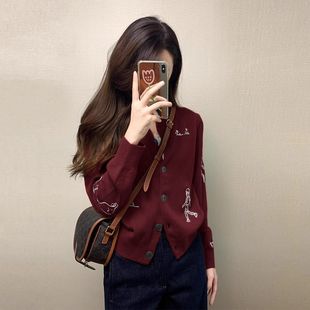 韩系童趣小众刺绣圆领长袖针织开衫女秋冬宽松毛衣外套设计感上衣