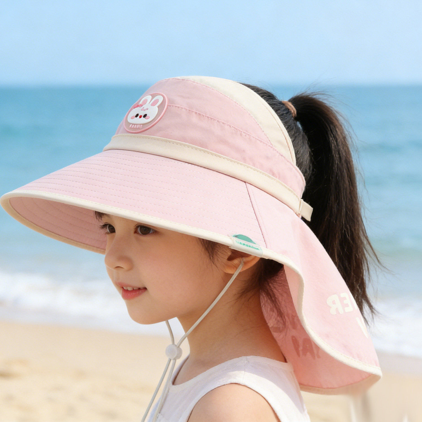 儿童防晒帽夏季空顶女童扎马尾遮阳帽男童披肩大檐防紫外线太阳帽