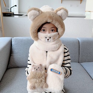 儿童帽子围巾手套一体三件套带口罩男女童加绒加厚宝宝保暖护耳帽