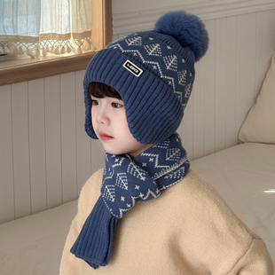 儿童帽子围巾二件套秋冬季男女童针织毛线套头加厚保暖宝宝护耳帽