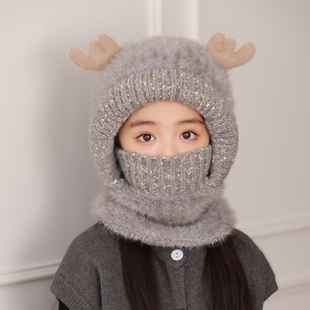 儿童帽子围脖一体帽秋冬季可爱毛绒围脖面罩连体保暖防风护耳帽