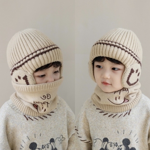 儿童帽子围脖两件套秋冬韩版男童加绒保暖女孩针织毛线宝宝套头帽
