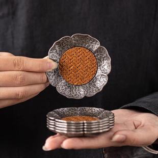 中式隔热合金藤编杯垫茶杯托复古花瓣型创意茶碟功夫茶具茶道配件