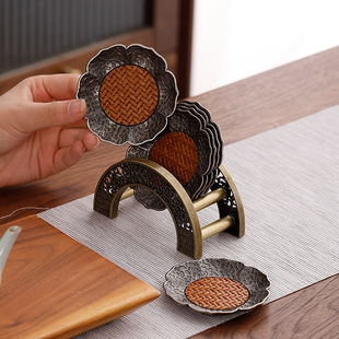 中式仿古银合金茶杯垫竹席隔热茶杯杯托茶碟功夫茶具配件带收纳架
