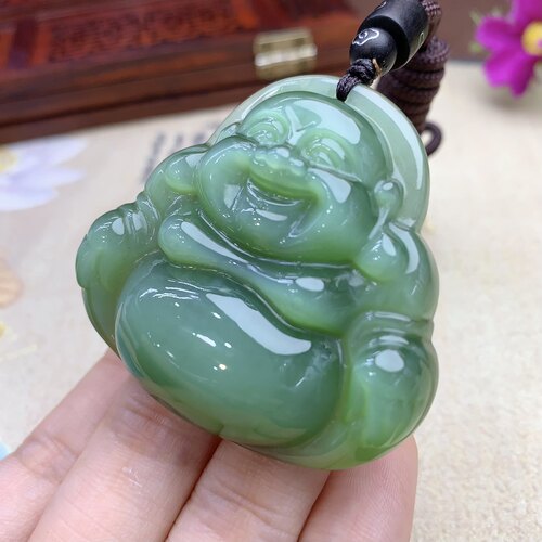 碧玉猫眼佛公挂件   色泽阳绿  冰透水润  过灯干净