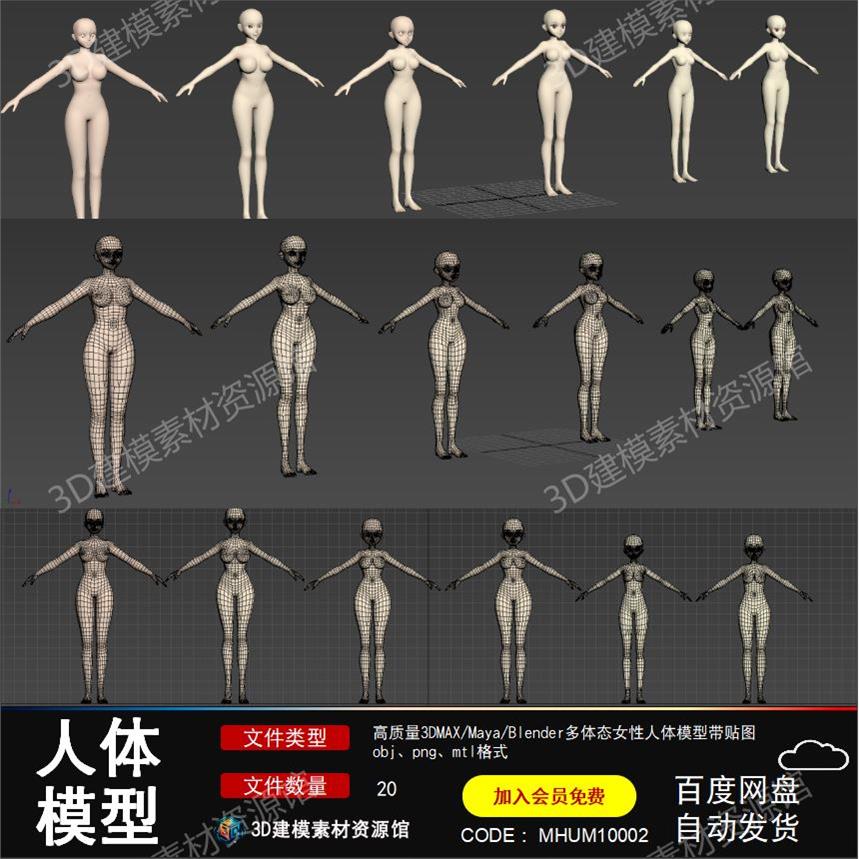 高质量3DMAX/Maya/Blender多体态女性人体模型带贴图OBJ
