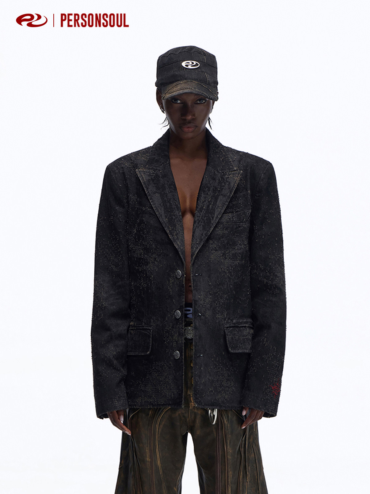 thumbnail for PERSONSOUL* Scorch Destruction Textured Black Denim Blazer Broken Denim Suit