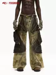 Personsoul* Detachable Leather Tactical Patchwork Distressed Jeans Leather Dirty Jeans
