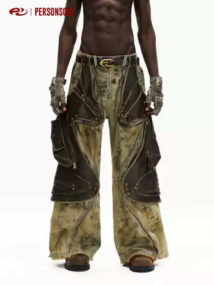 Personsoul* Detachable Leather Tactical Patchwork Distressed Jeans Leather Dirty Jeans