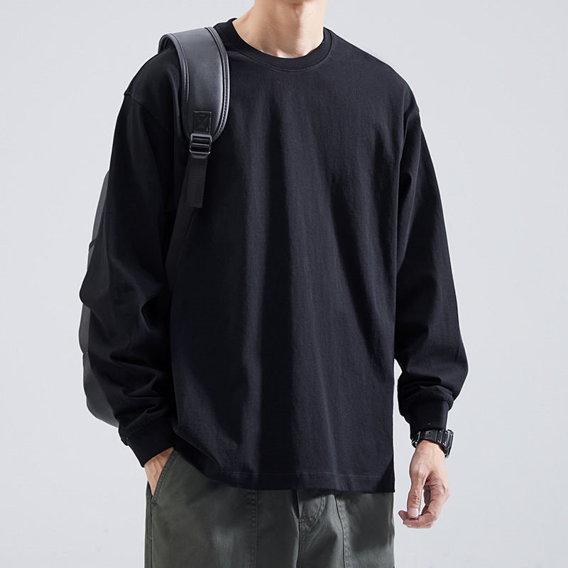 开货车纯色春秋款耐穿长袖T恤男纯棉宽松圆领卫衣男生白色打底衫