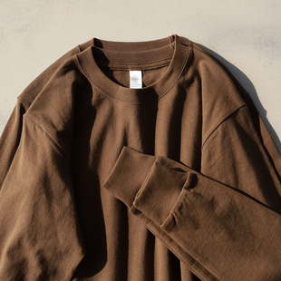 百搭外出重磅T恤咖啡色纯棉圆领简约素色旅行必备长袖 男女 打底衫