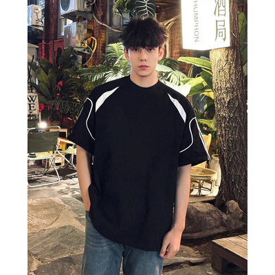 2025国潮牌基础款黑色拼接上衣夏季新款男女百搭简约纯棉短袖T恤