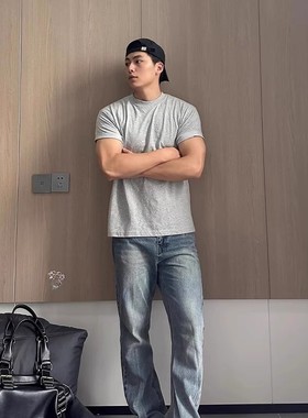 溜淘百搭花灰色重磅纯棉短袖t恤男女款夏季健身运动宽松领口短袖