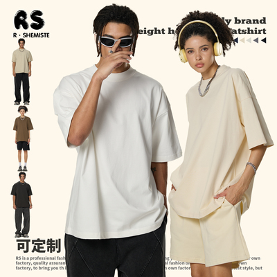 重磅纯棉短袖半高领落肩短袖T恤