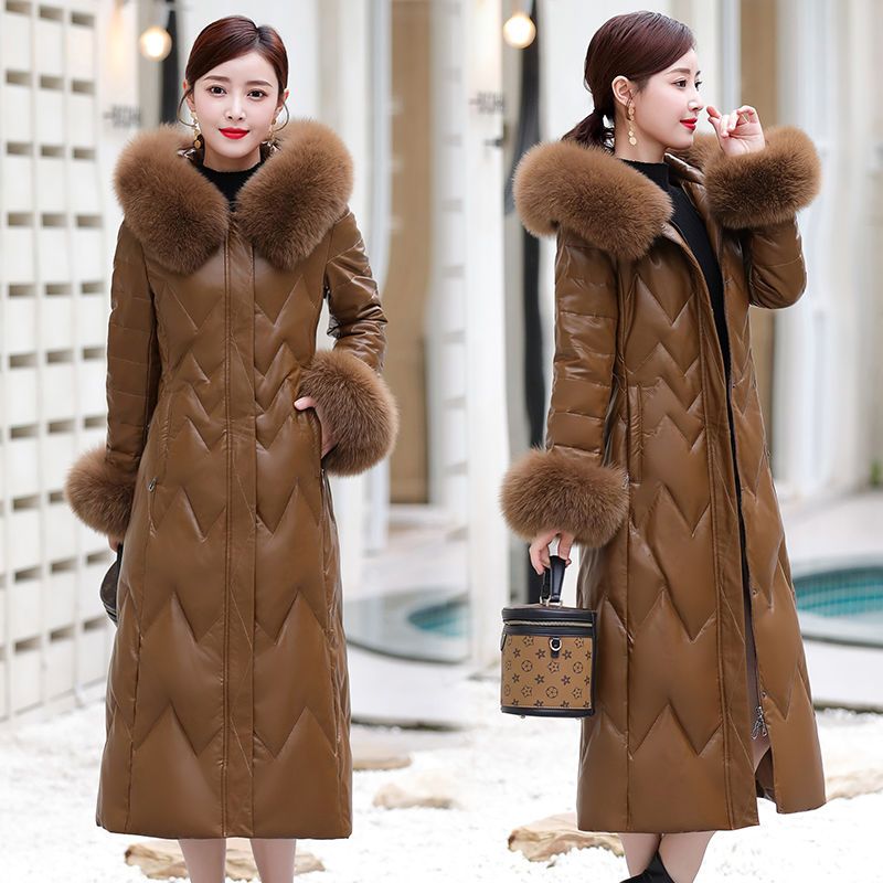 海宁真皮羽绒服女中长款2