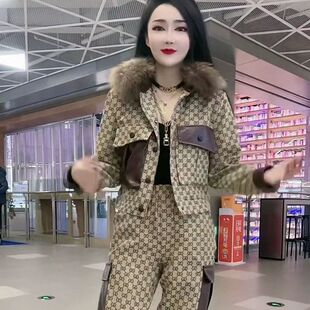 秋冬季加绒加厚大毛领短外套长裤两件套女宽松显瘦时尚牛仔服套装