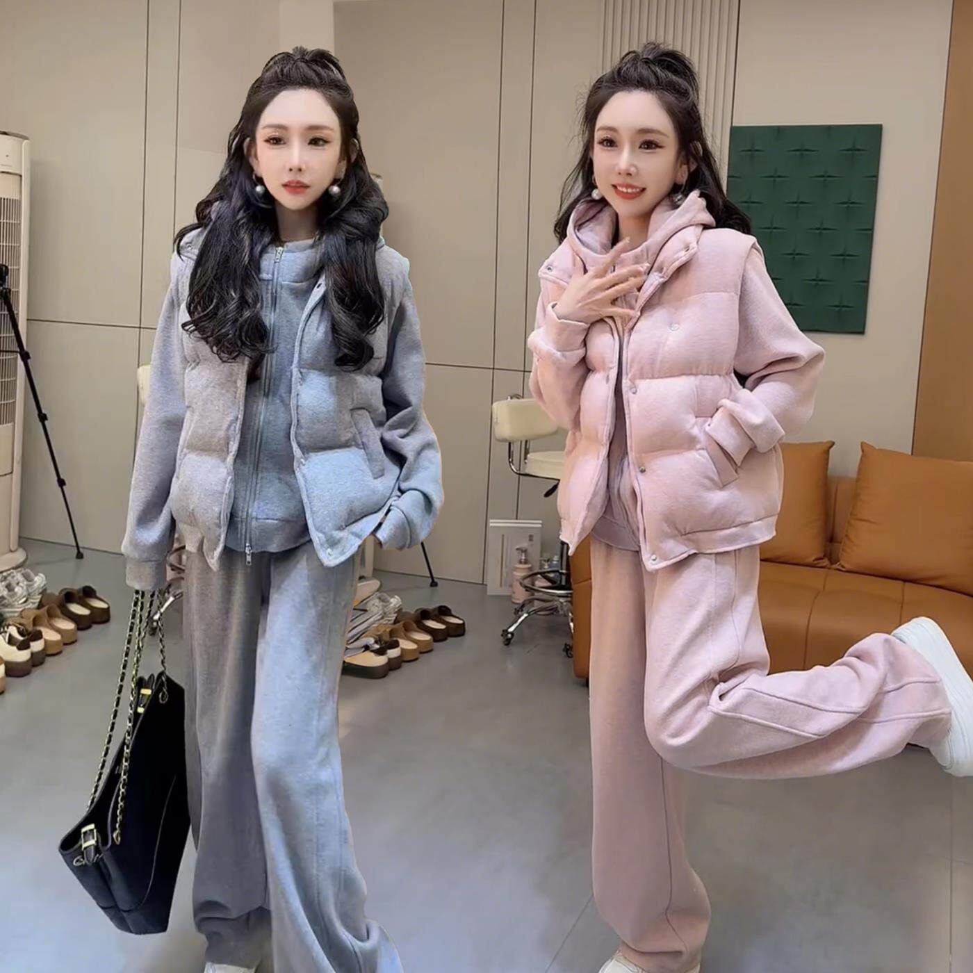 2025秋冬季新款加绒加厚卫衣卫裤棉马甲保暖休闲运动套装女三件套