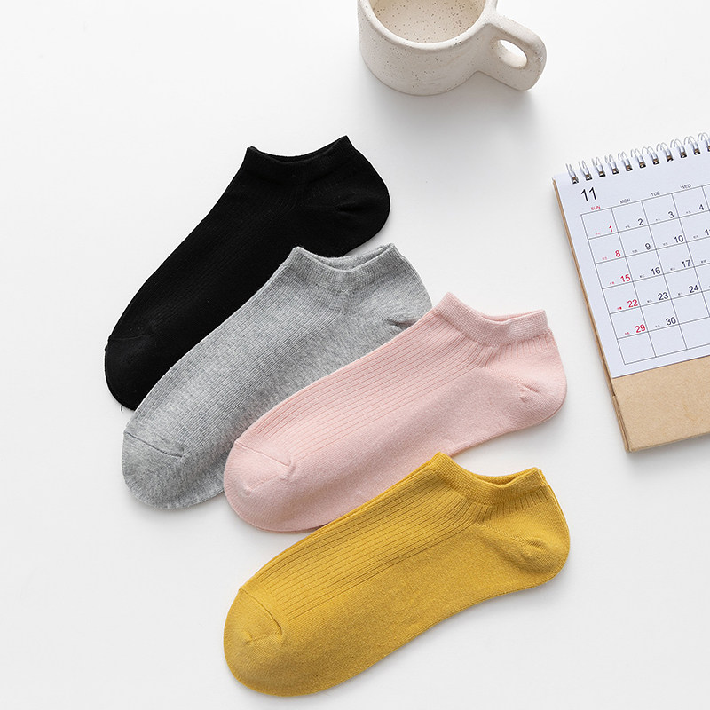 简约组合女士净色细抽条船袜4双装22-24cm