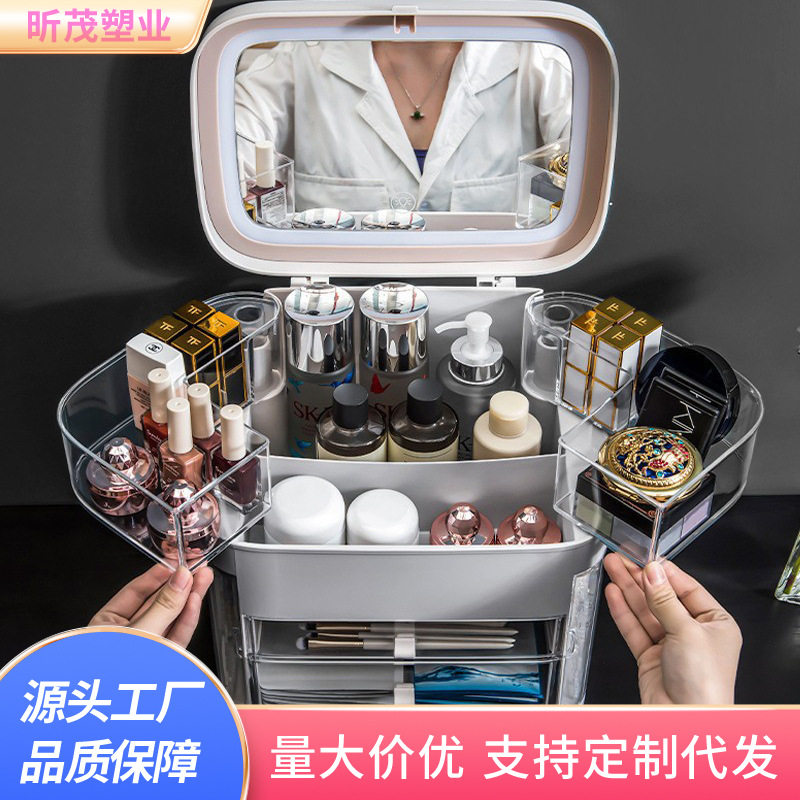网红化妆品收纳盒防尘护肤品梳妆台桌面有盖带镜子首饰一体