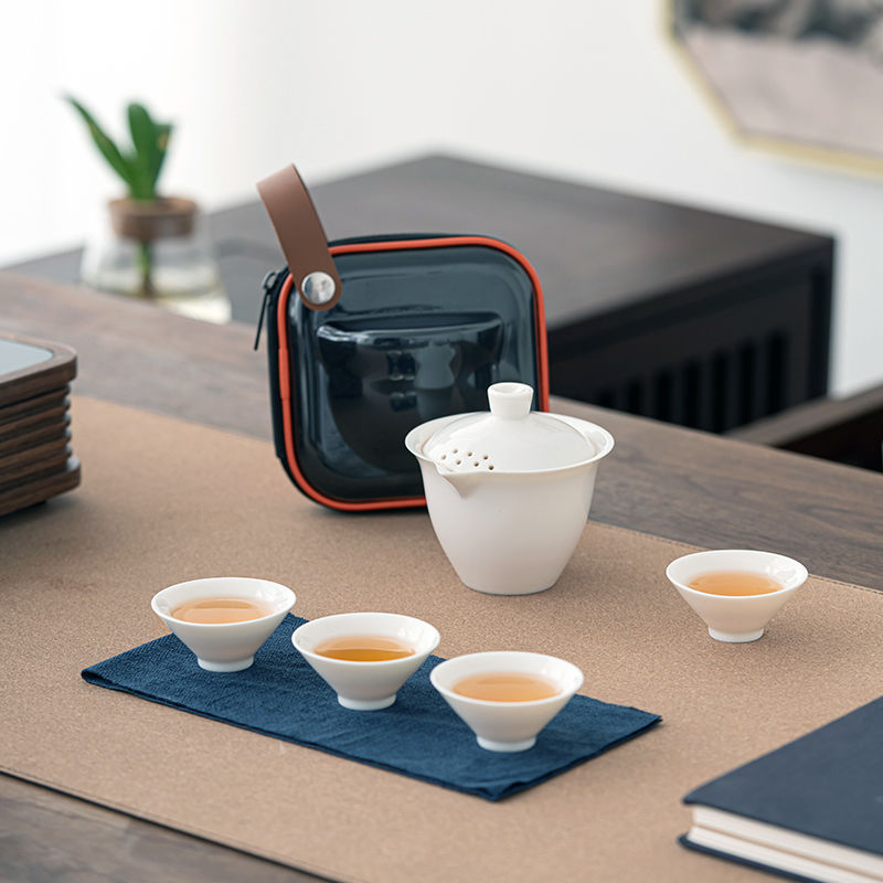 羊脂玉手抓白瓷快客杯陶瓷一壶四杯便携式功夫茶具旅行套装户外款