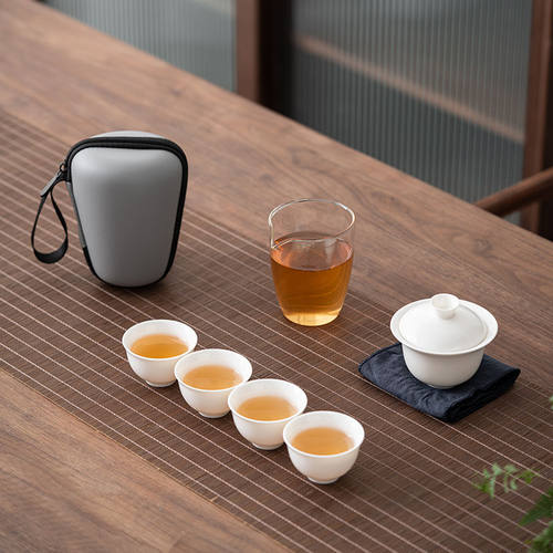 羊脂玉白瓷盖碗旅行茶具陶瓷迷你便携式快客杯一壶四杯功夫茶具