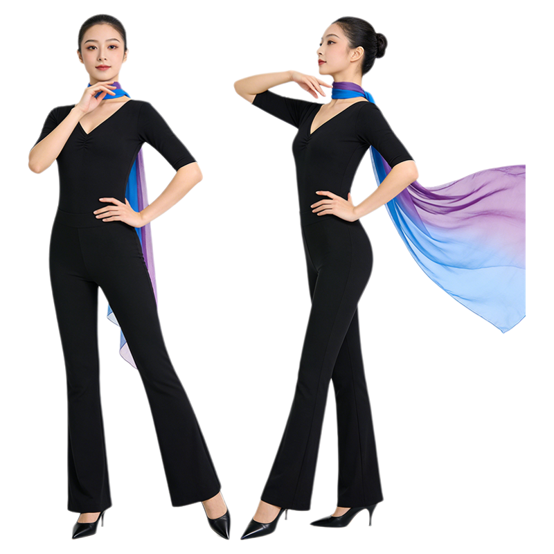 超婳现代舞服装女黑色V领喇叭裤走秀形体礼仪训练气质舞蹈服套装