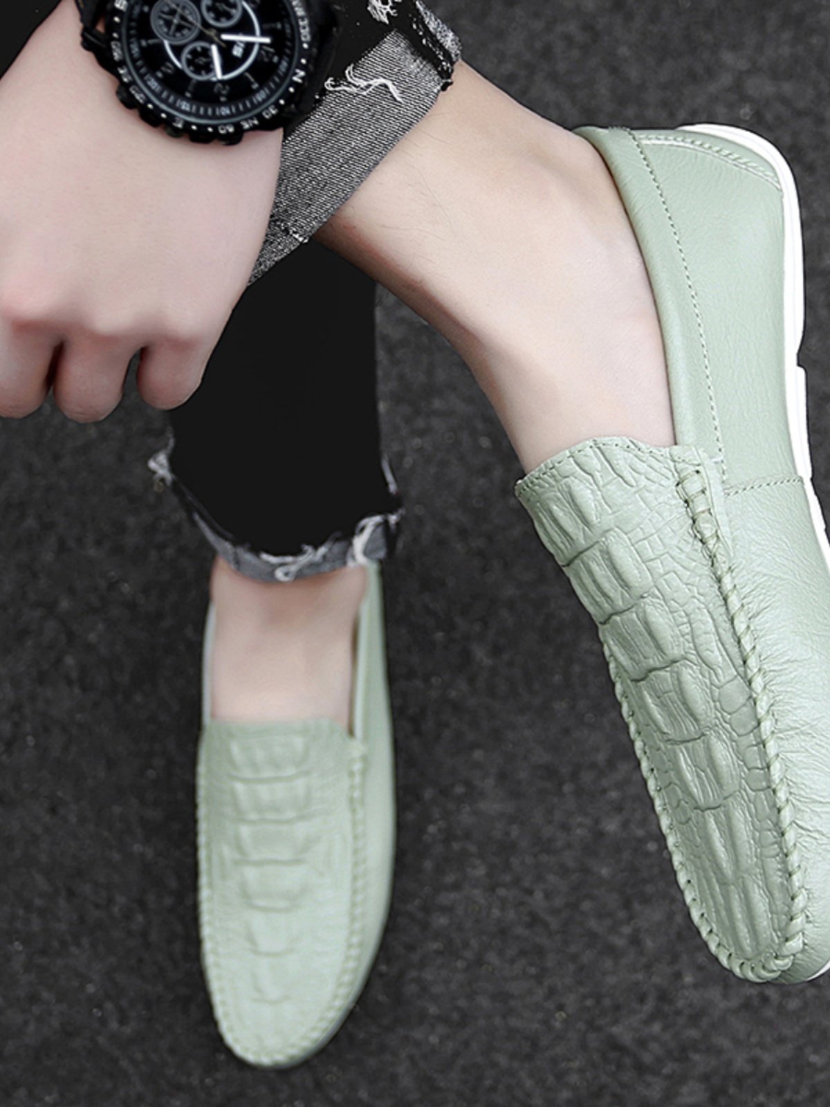 潮牌男鞋子新款时尚鳄鱼纹一脚蹬豆豆鞋男士韩版软底休闲商务皮鞋,流行男鞋,乐福鞋（豆豆鞋）,淘宝优惠券,粉丝福利购,淘宝优惠卷