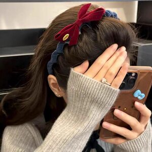 韩系撞色复古植绒蝴蝶结带齿发箍女高颅顶头箍发饰防滑外戴头饰品