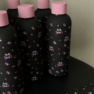 原创甜酷樱桃黑色粉盖304不锈钢保温杯便携大容量女生高颜值水杯