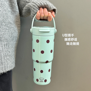 原创薄巧波点小狗双饮口手提保温杯750毫升大容量陶瓷覆层随行杯