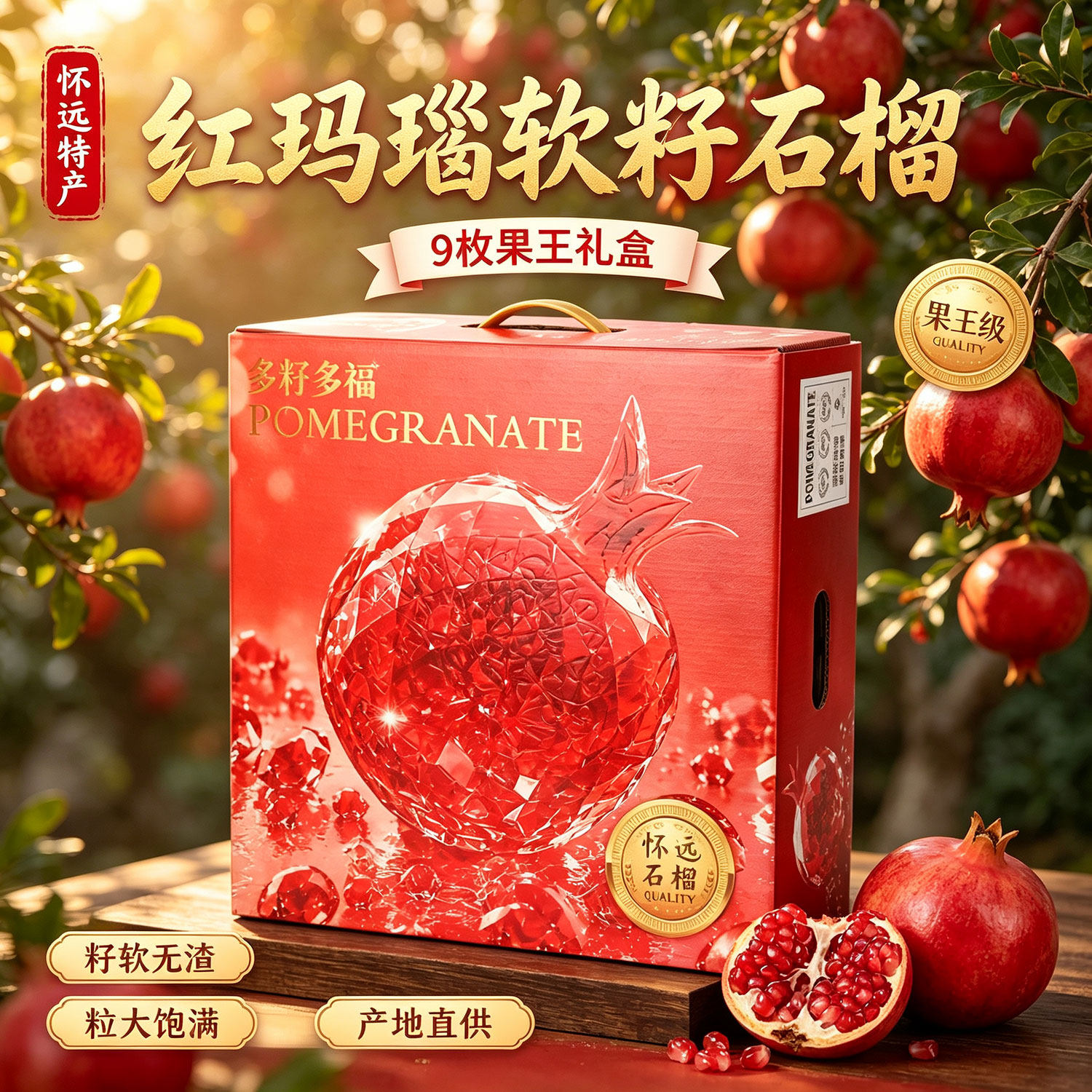 怀远特产红玛瑙软籽石榴9枚礼盒