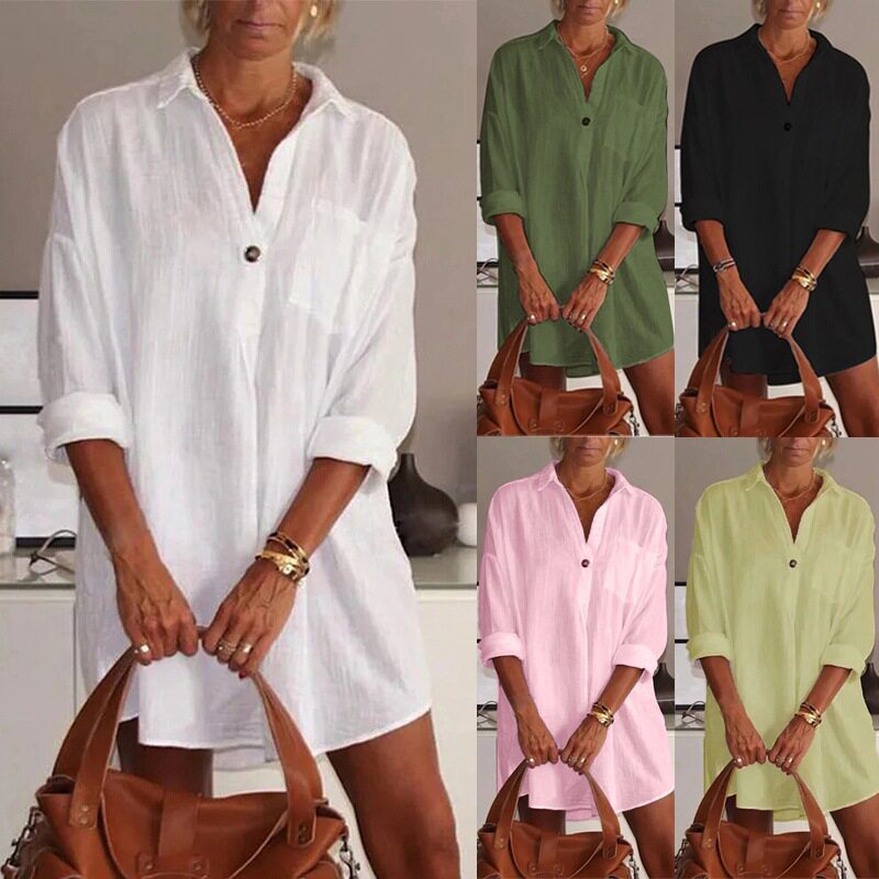 Ladies casual solid color lapel long sleeve V-neck shirt